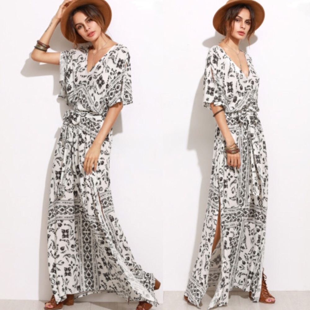 💥 SALE Floral Tie Waist Split Sleeve Maxi Dress - Picture 2 of 7